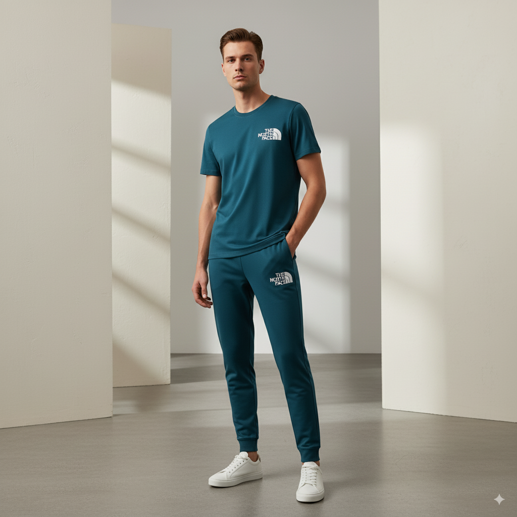 Men’s Dri-Fit Printed Track Suit – 2 Pcs, Blue, Round Neck